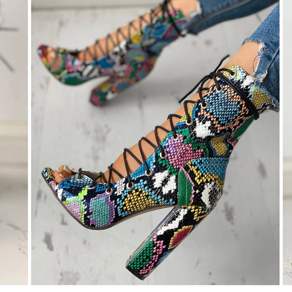 LILIANA Sage lace up chunky heel multicolor snake print heeled sandal size 10 - Picture 11 of 11